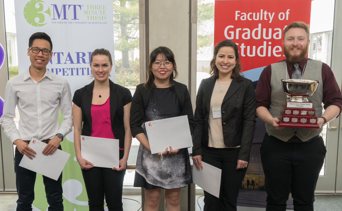 photo of the five winners from the 2018 Ontario 3MT final competition